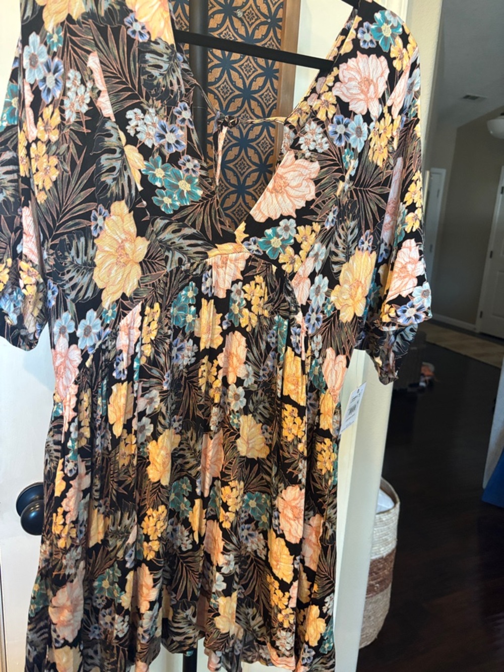 O'Neill Black Mini Dress with Yellow, Peach & Teal Floral Print